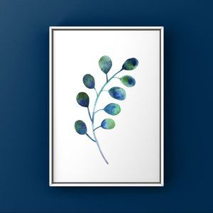 Blue green leaves branch watercolor art print